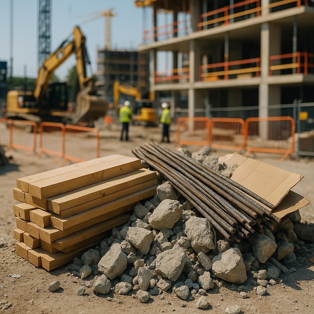 Assorted construction debris including wood planks, metal rods, concrete chunks, and cardboard piled neatly outside a construction site on a sunny day.