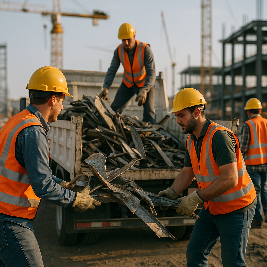 Large construction site with workers loading metal debris onto a commercial truck, with an industrial background.