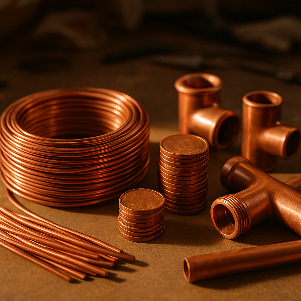 A variety of copper items including wires, coins, and plumbing pipes arranged on a table with warm lighting highlighting their rich color and versatility.