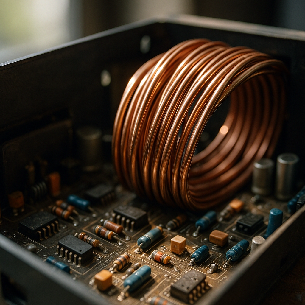 Close-up of shiny copper wires and circuit boards in an open electronics device under bright light
