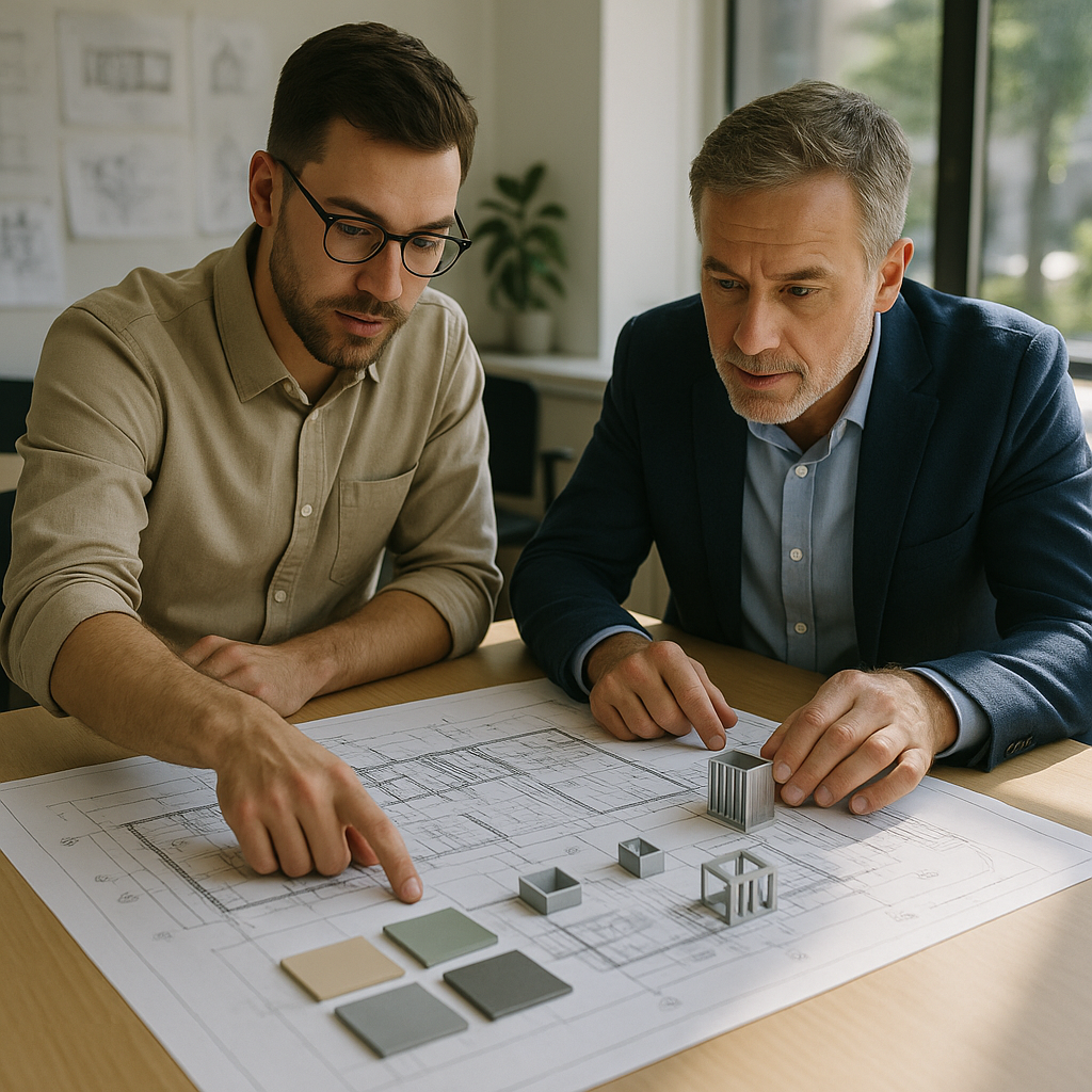 Reviewing Blueprints in a Bright Office Designer and client reviewing blueprints with color samples and small metal models on a table in a bright office.
