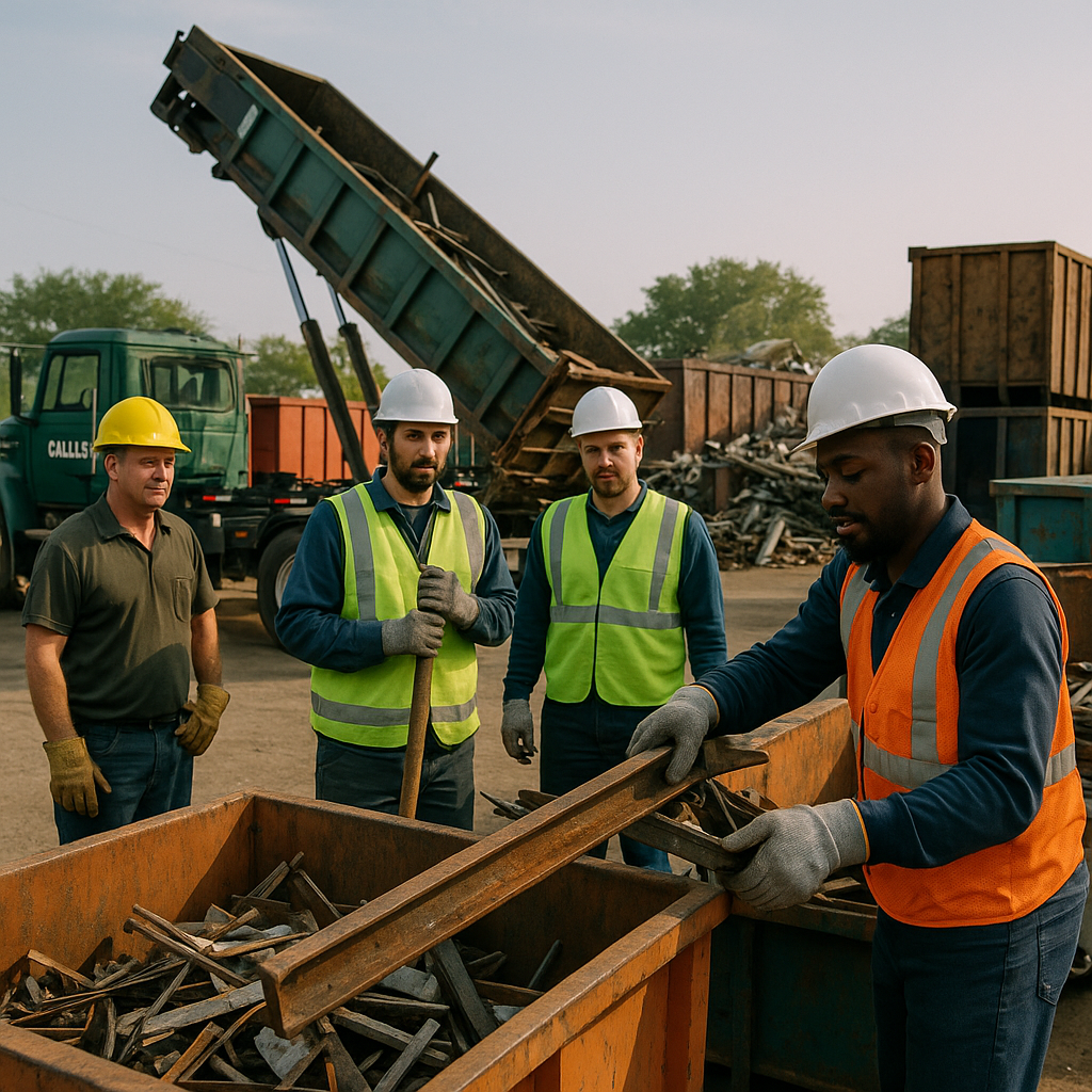 Team overseeing the efficient scrap collection process with organized containers and trucks in the Dallas facility yard.