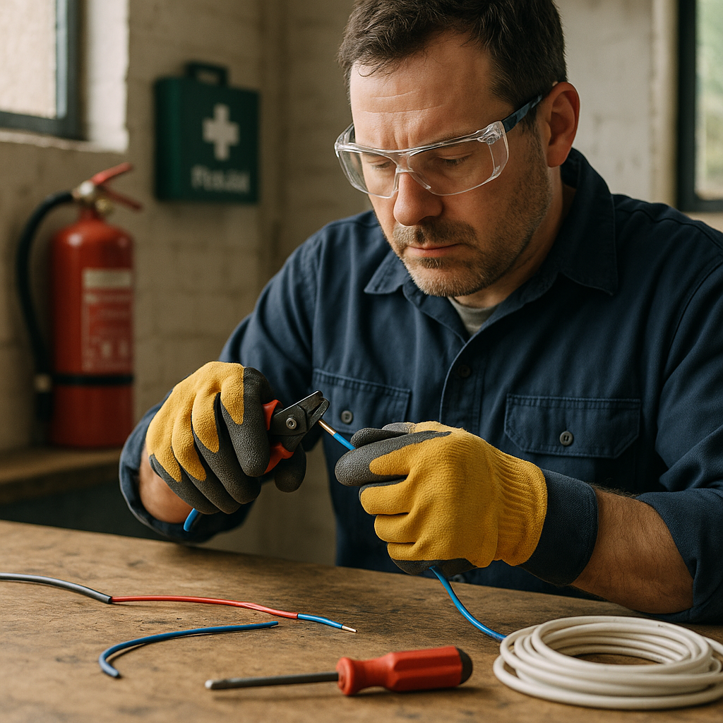 Electrician wearing safety gloves and goggles, carefully stripping wire at a worktable with a fire extinguisher and first aid kit in the background.