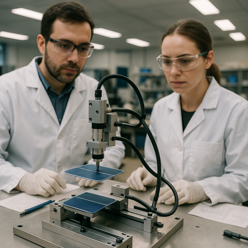 Engineers testing advanced machinery that separates solar panel components in a modern lab, focusing on specialized equipment handling silicon wafers.