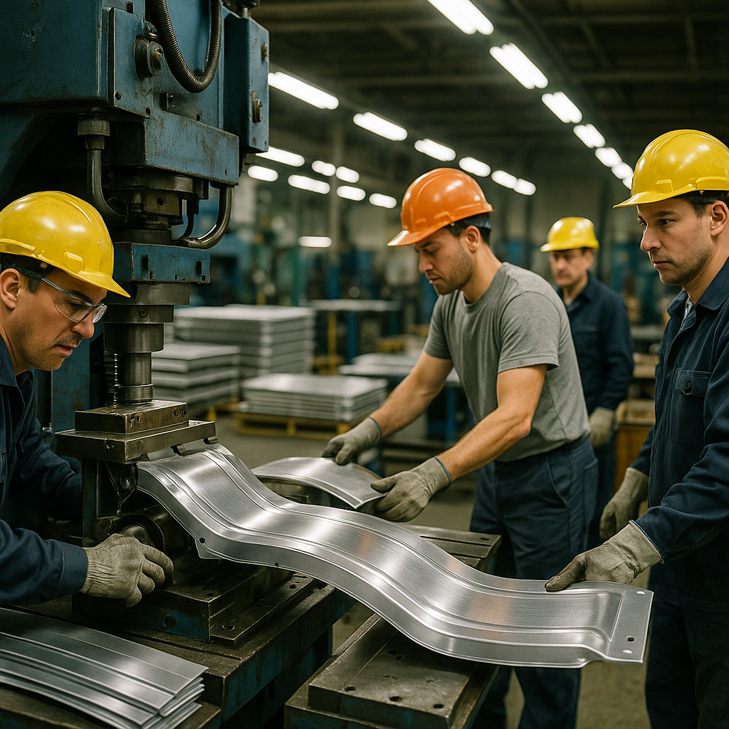 Factory floor with aluminum sheets being transformed into car bodies, airplane parts, and construction materials, with workers operating machinery under bright overhead lights.