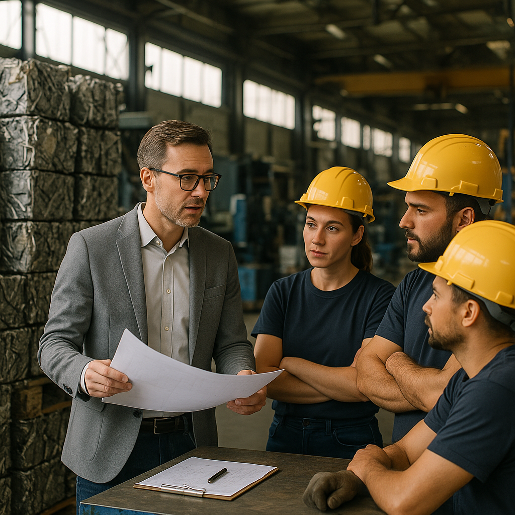 Factory manager reviewing plans with team in a busy warehouse next to organized stacks of recycled metal, displaying thoughtful expressions and focus on efficient operations.