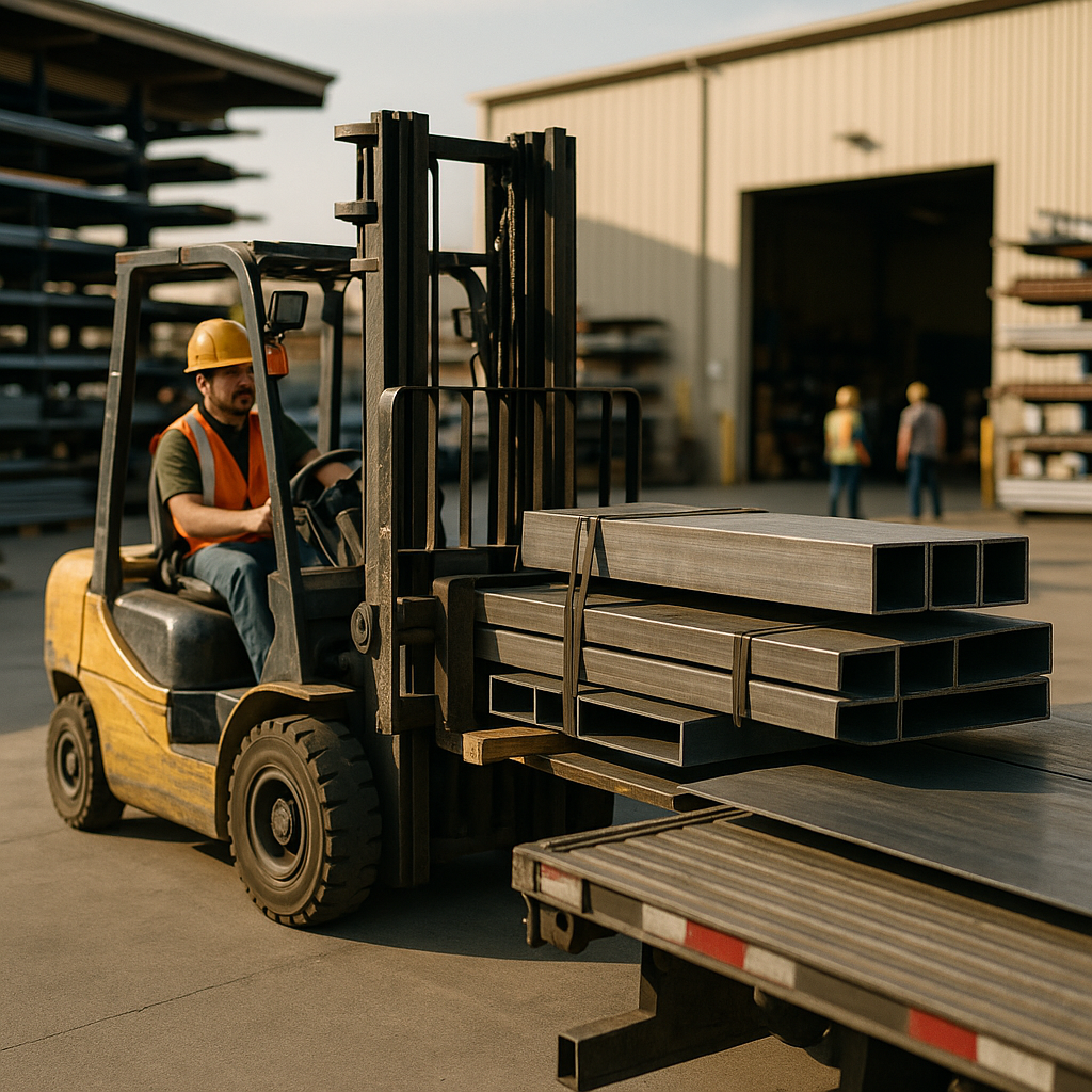 Forklift Loading Steel Beams for Delivery A forklift moving large steel beams and metal panels onto a flatbed truck outside a metal supply warehouse.