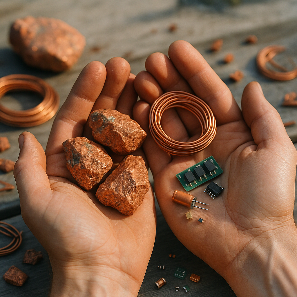 Hands holding raw copper stones, copper wires, and electronic components, symbolizing the connection between nature and technology.