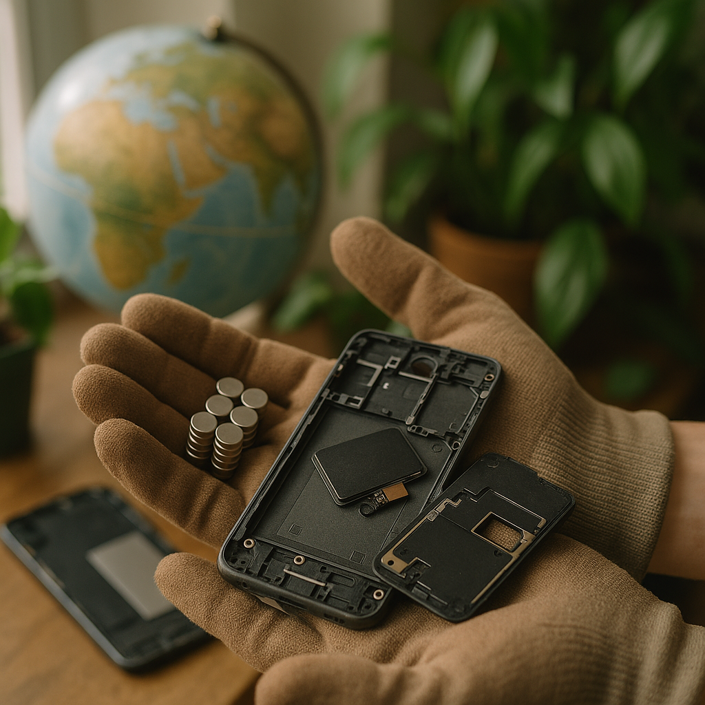 Open hands holding small rare earth magnets and phone parts, with a globe and green plants in the background.