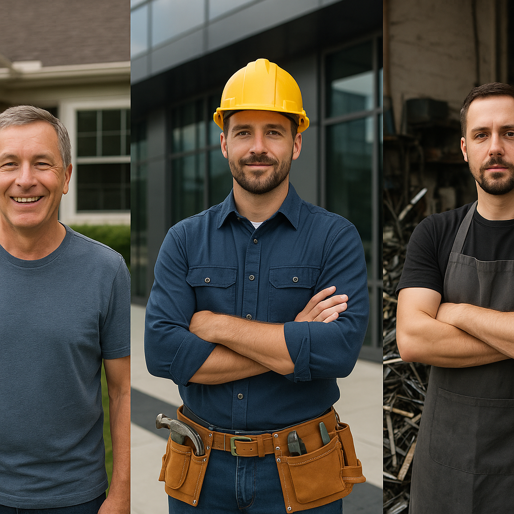 Smiling homeowner in front of a suburban house, contractor near a commercial building, and a small business owner with metal scraps, all waiting for removal services.