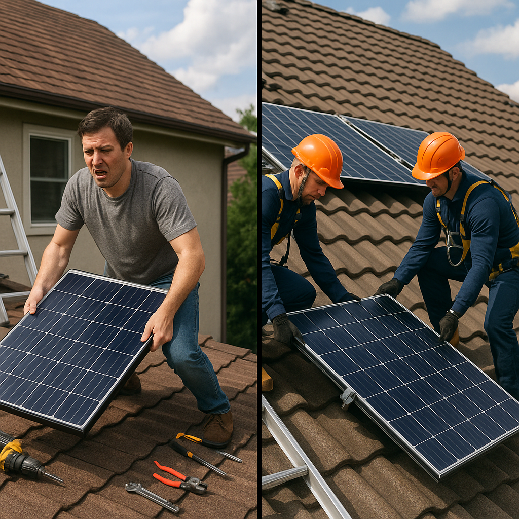Homeowner vs. Professionals in Solar Panel Installation A homeowner struggling to lift a solar panel on a sloped roof while two professionals safely remove panels with harnesses and proper equipment on the other side.