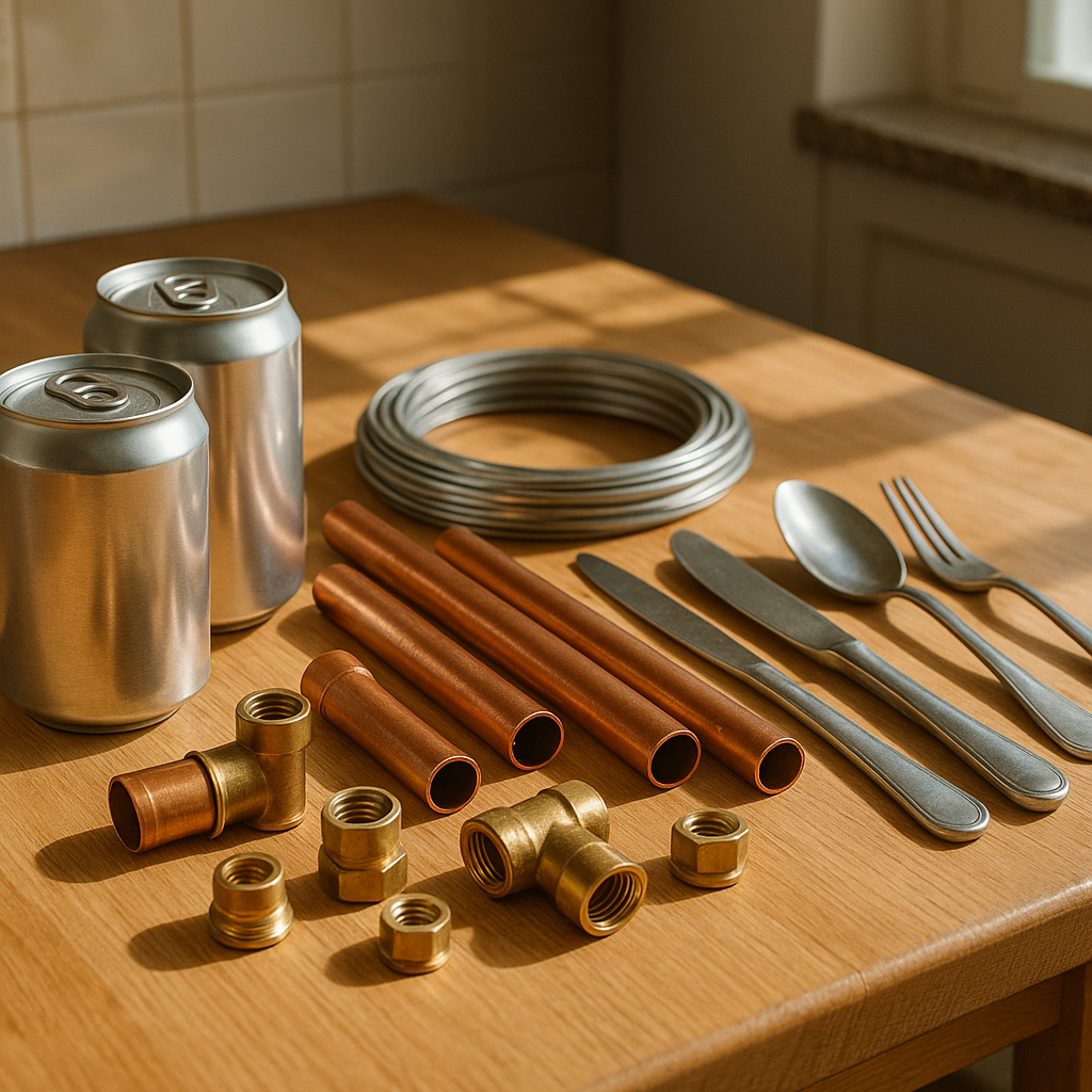 Variety of Household Metal Objects A variety of household metal objects including aluminum cans, copper pipes, steel utensils, and brass fittings arranged on a table in bright natural light.