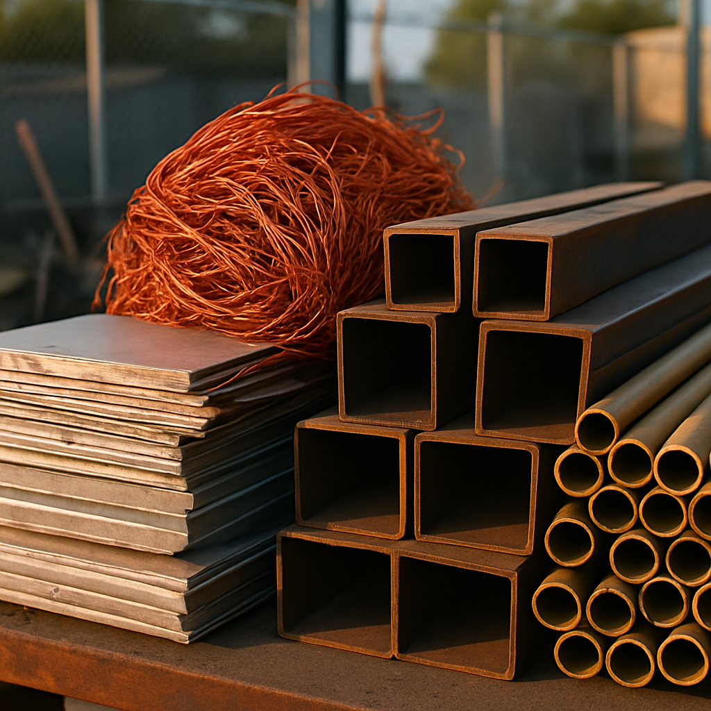 Sorted Industrial Scrap Metals Close-up of various sorted industrial scrap metals including aluminum sheets, copper wires, steel beams, and brass pipes stacked neatly in a recycling yard.