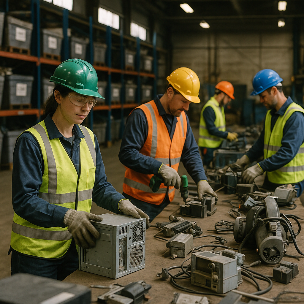 Workers sorting electronic equipment and machinery in an industrial warehouse for recycling.