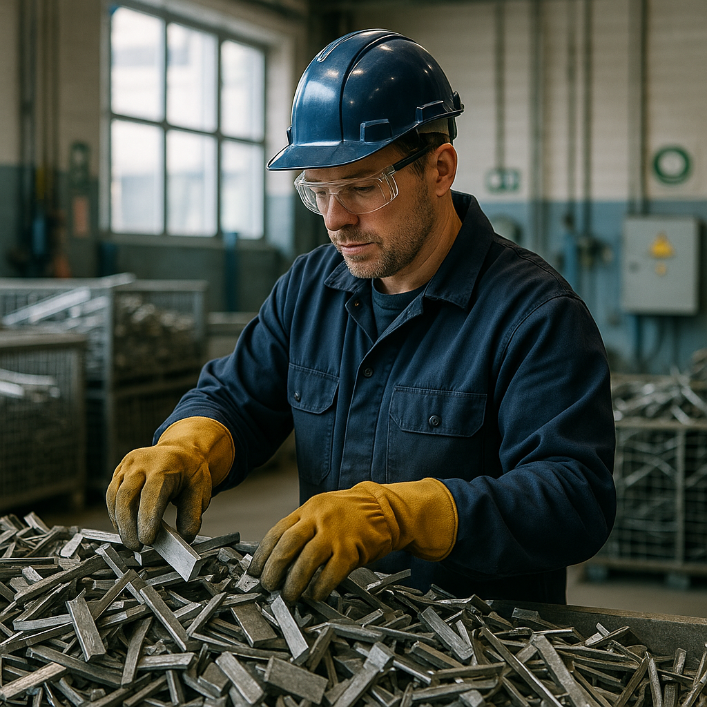 Industrial worker sorting scrap metal pieces in a clean recycling facility with daylight streaming through large windows.