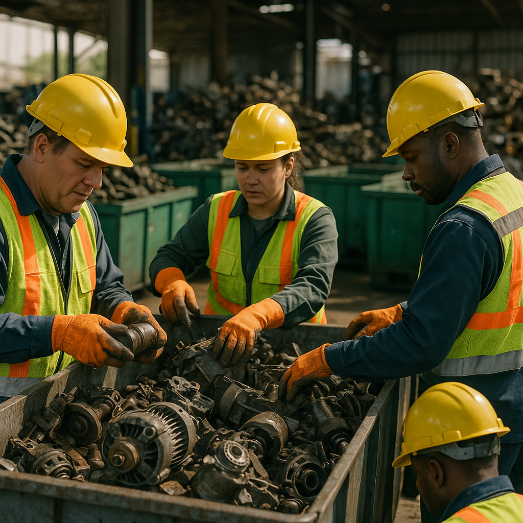 Industrial workers in safety gear sorting metal scraps and machinery parts in a large recycling facility in Mesquite, Texas.