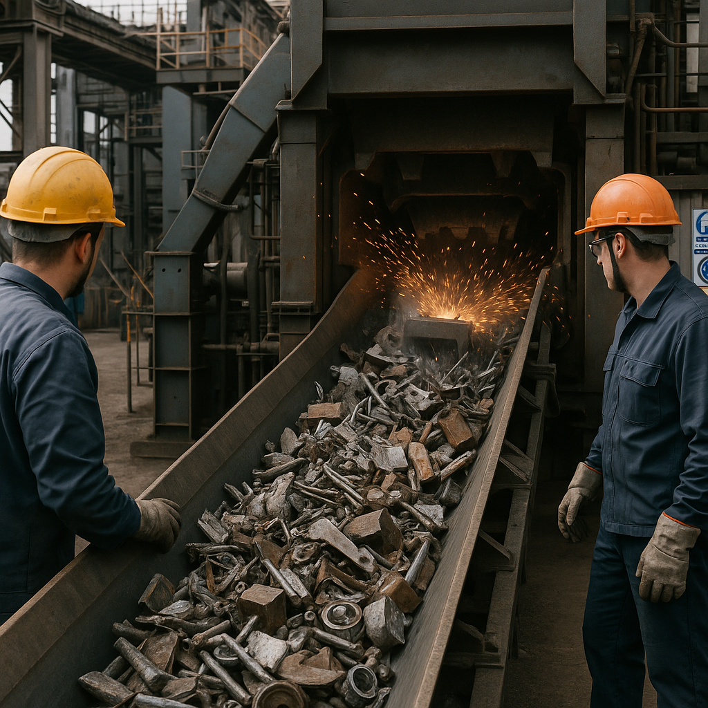 Industrial conveyor belt transporting assorted scrap metal into a large shredder, with sparks flying and workers in safety helmets overseeing the process