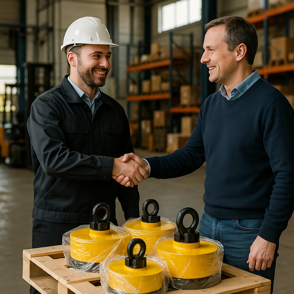 Industrial equipment seller shaking hands with buyer beside newly packed electromagnets on a pallet with satisfied expressions in a warehouse background.