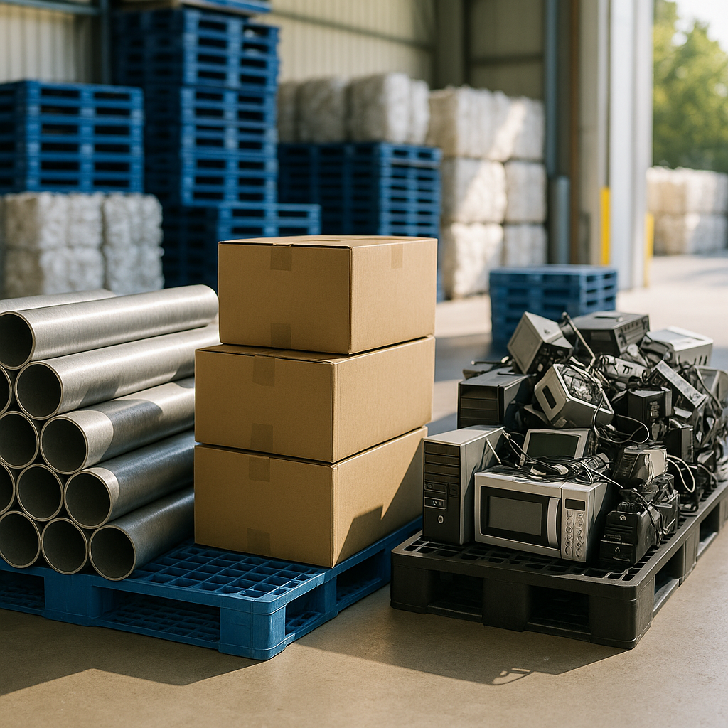 Array of common industrial materials like metal pipes, cardboard boxes, plastic pallets, and electronics organized in a recycling facility.