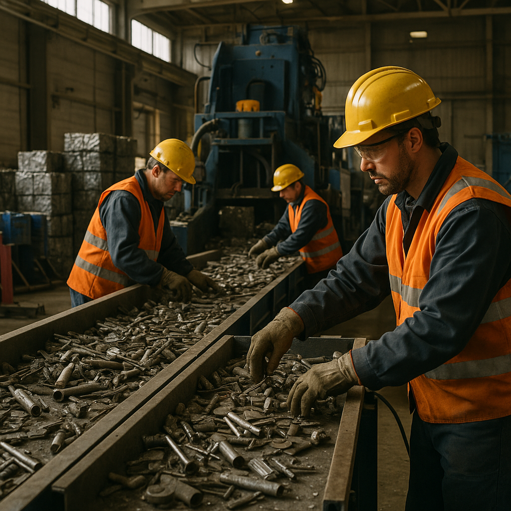 Workers at Industrial Recycling Facility Workers sorting metal scrap on conveyor belts in an industrial recycling facility with large machines and compacted metal bales in the background.