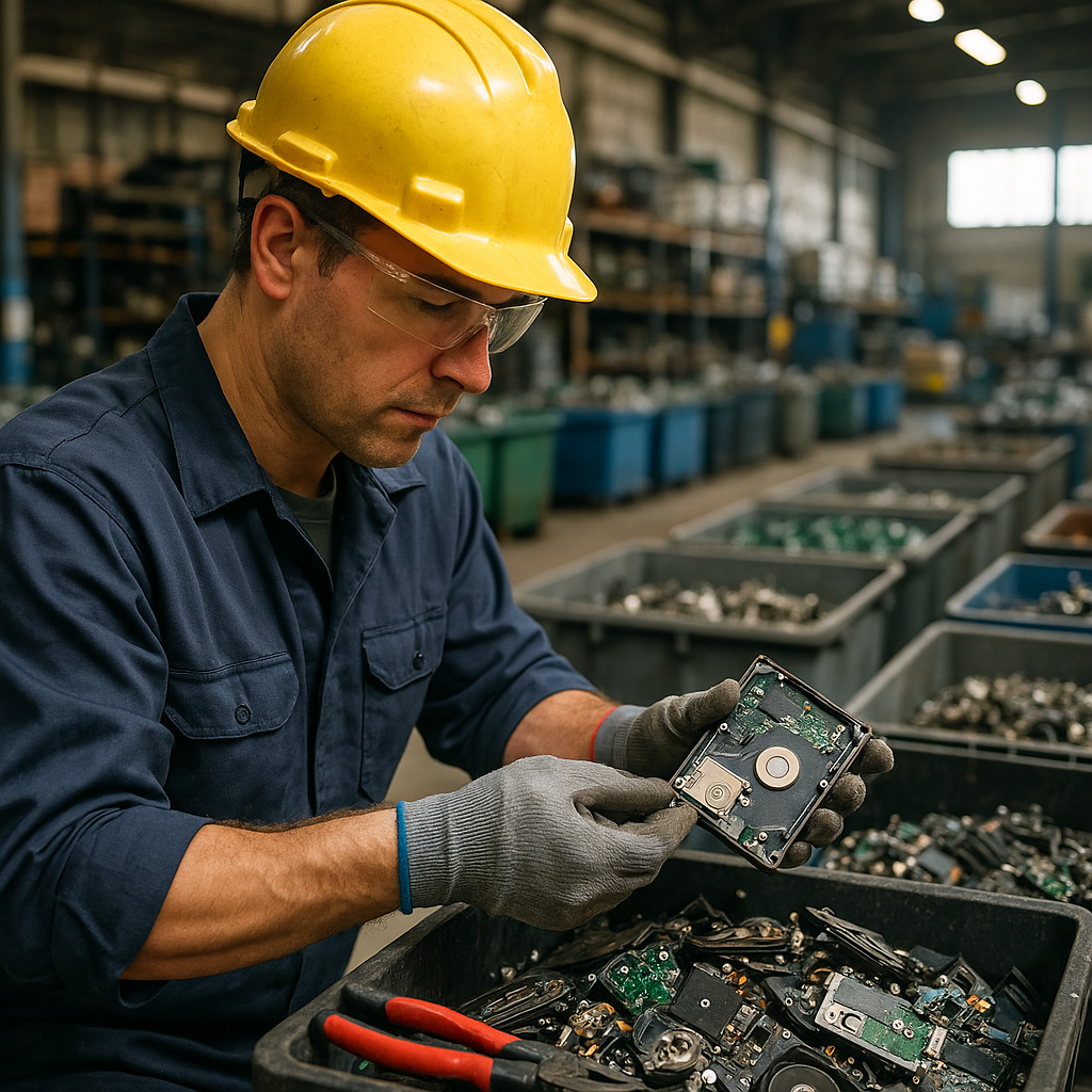 E‑waste and demolition waste are mixed at a waste recycling site in Dallas, TX