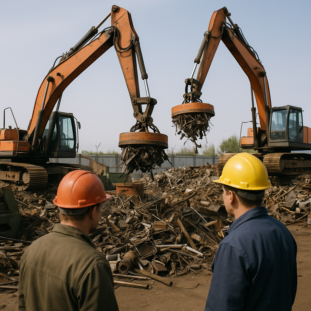 Industrial scrapyard with cranes lifting metal debris using round orange electromagnets, workers monitoring, in daytime.