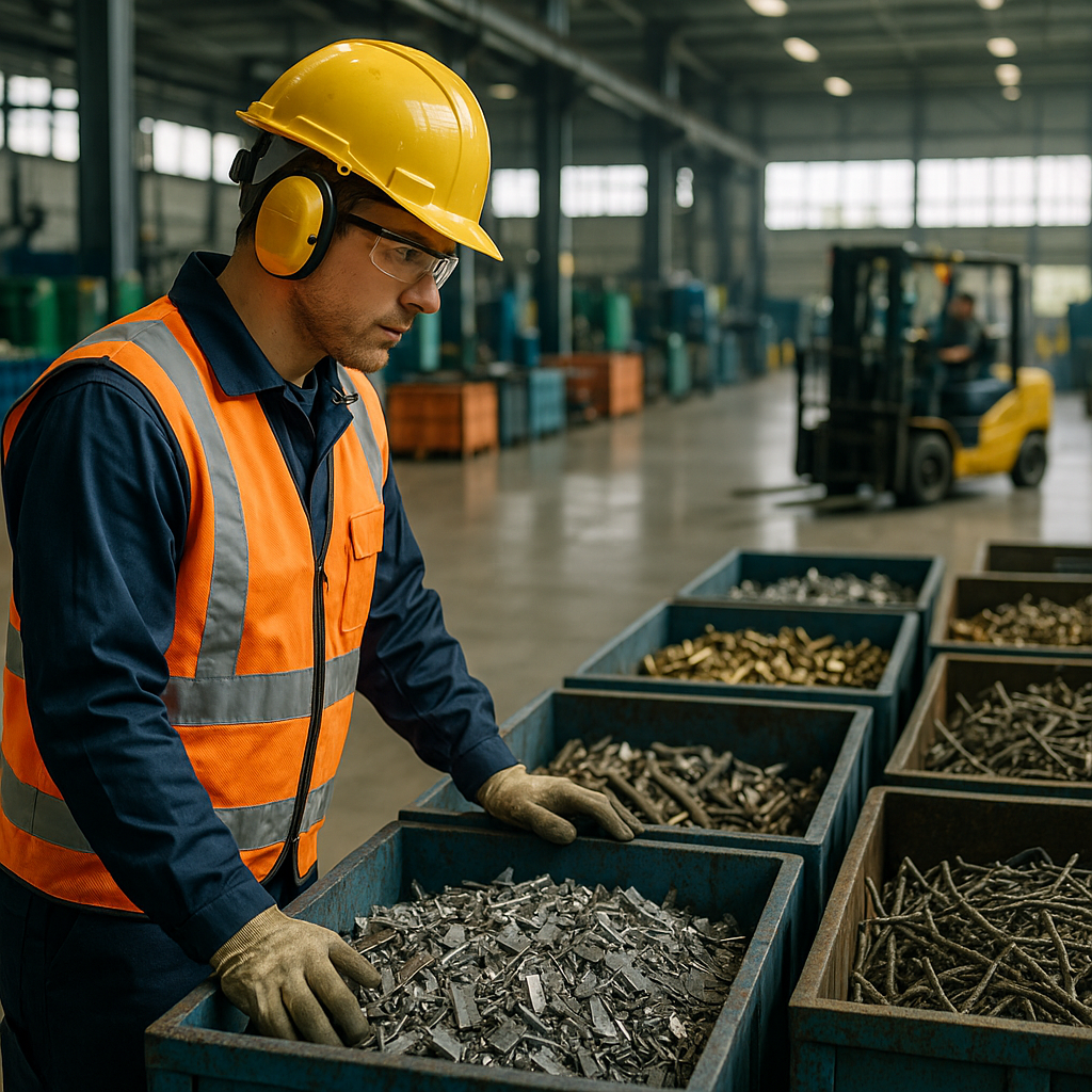 An industrial warehouse employee oversees large bins of sorted scrap metal with forklifts operating in the background at a clean and organized recycling facility.