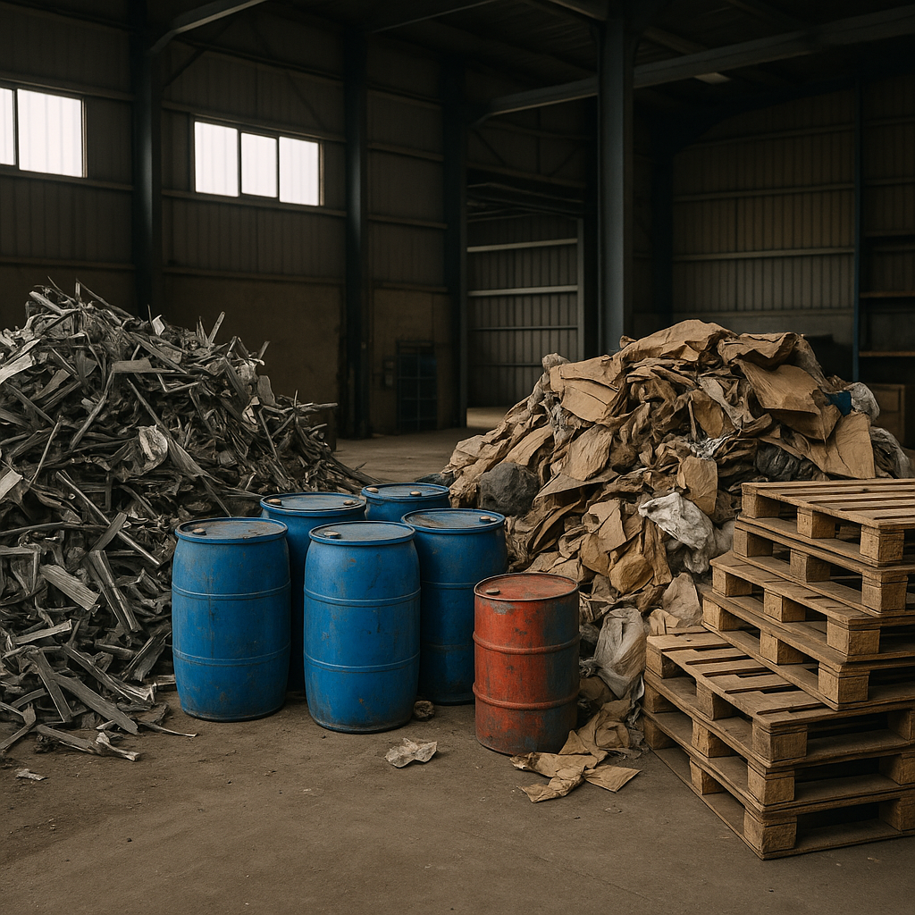 Industrial Waste in Warehouse Assorted piles of industrial waste including metal scraps, plastic drums, cardboard, and wooden pallets inside a large warehouse with natural lighting.