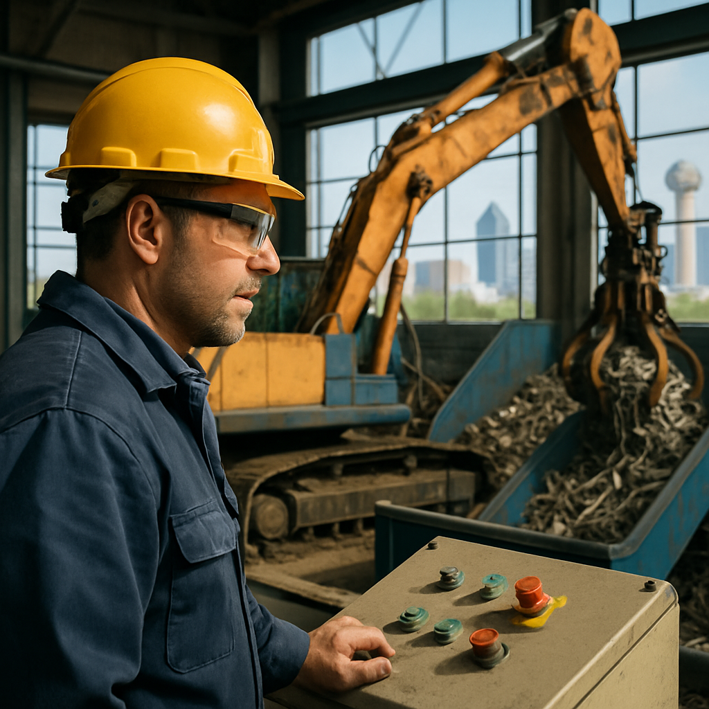Industrial worker in safety gear overseeing machinery in a recycling facility with Dallas skyline visible.