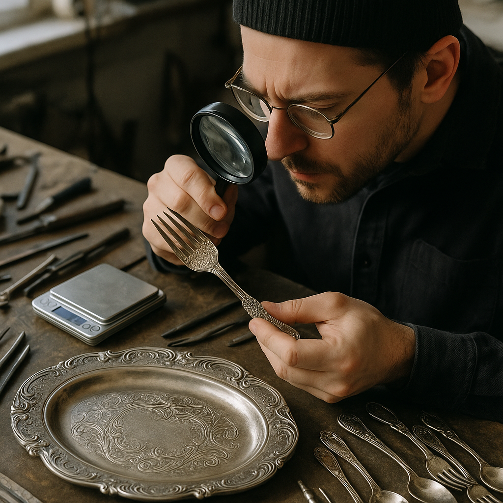 Jeweler examining ornate silver-plated cutlery and trays under bright light with a magnifying glass and scale nearby.