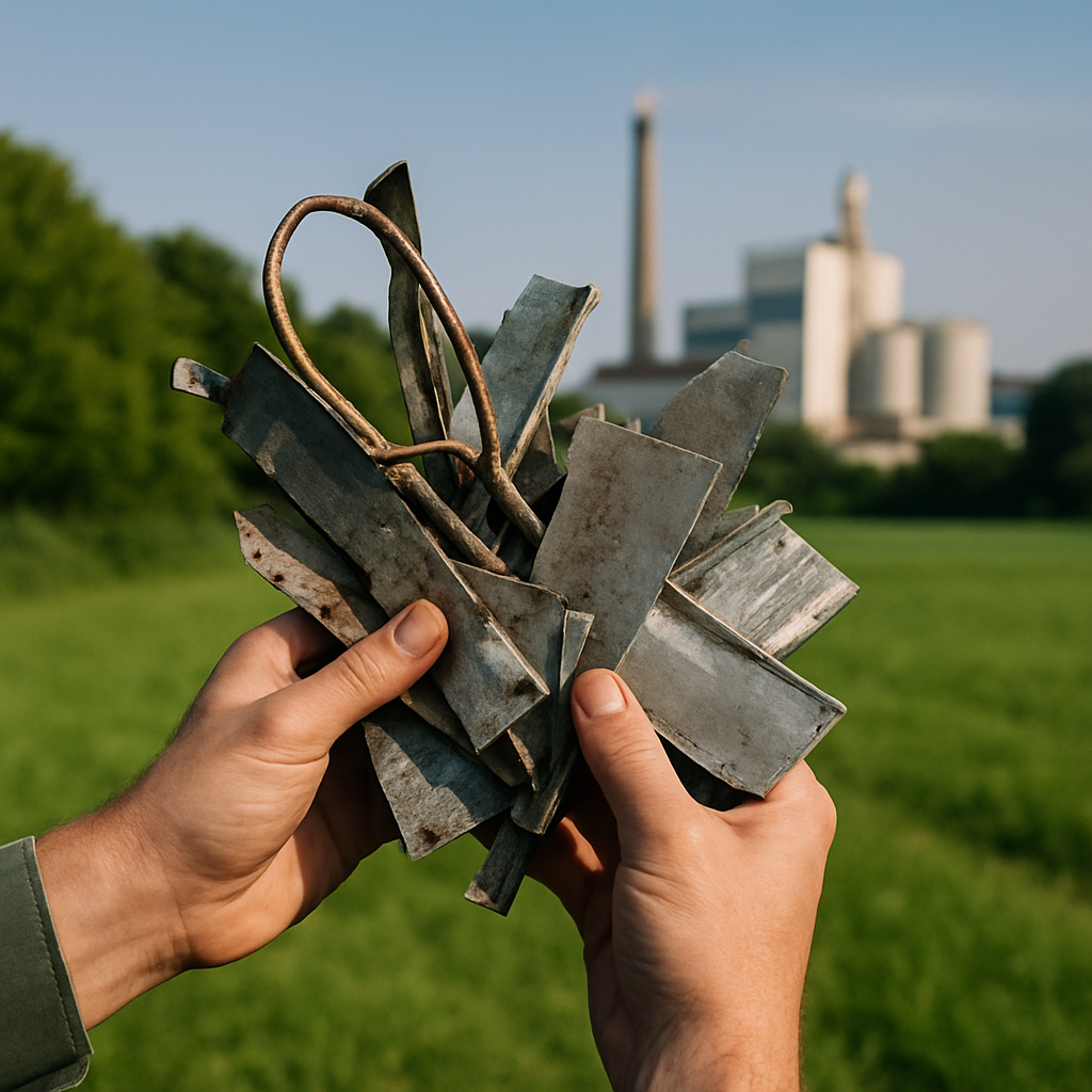 Hands holding scrap metal ready for recycling against a lush green landscape and clear blue sky, with a factory in the background highlighting clean environment practices.