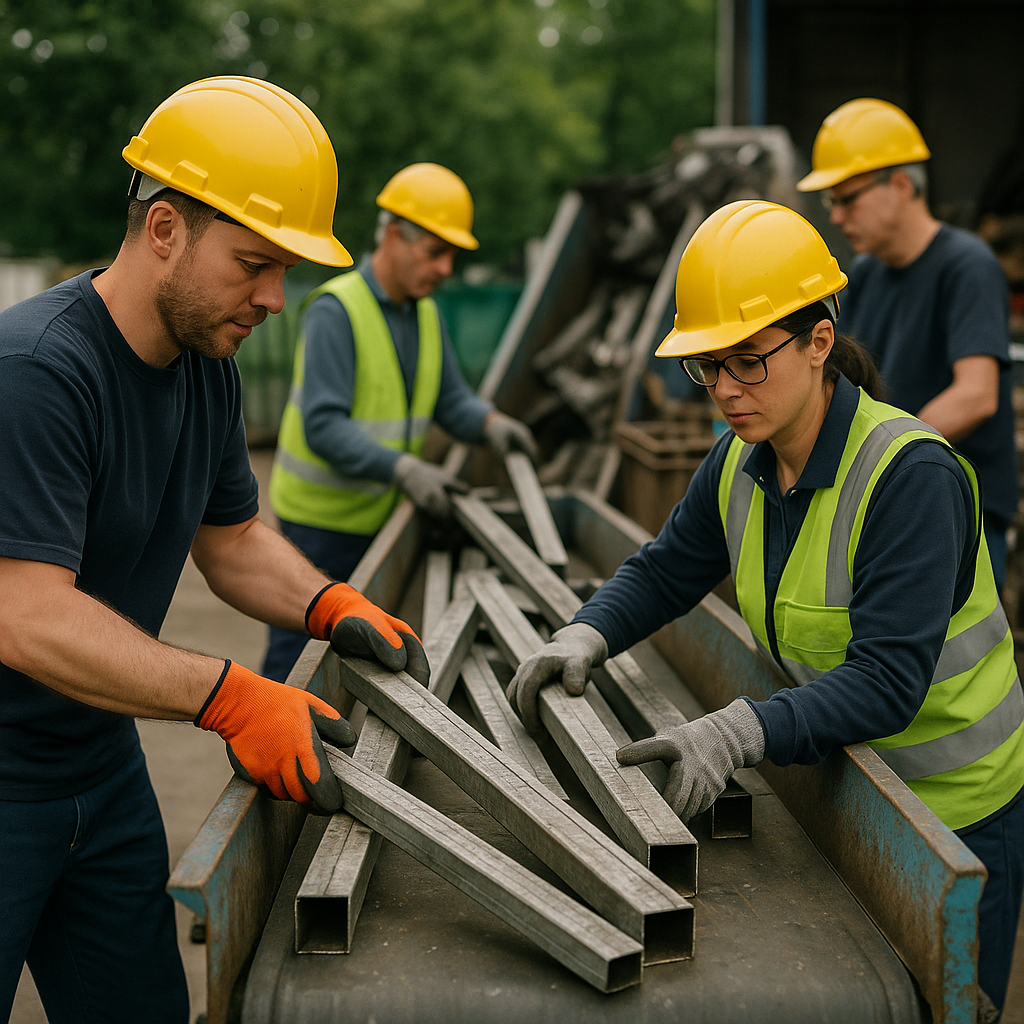 Metal beams being separated and loaded onto a recycling conveyor belt, with green trees in the background, highlighting a sustainable process.