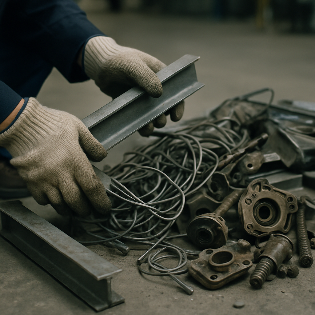 Sorting Metal Scraps in a Warehouse Close-up of gloved hands sorting metal scraps and industrial waste on a warehouse floor.