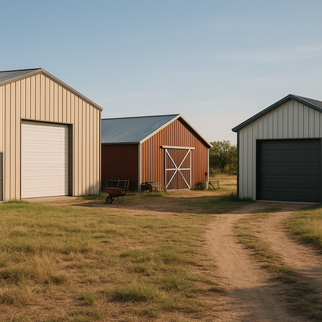 Metal Buildings in Texas A variety of metal buildings including a warehouse, a barn, and a modern garage on spacious land under a blue Texas sky.