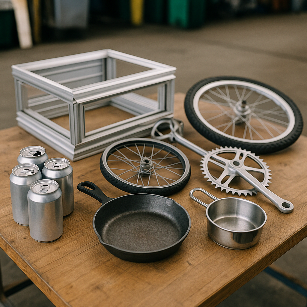 Variety of metal items including aluminum cans, window frames, bike parts, and kitchen pans arranged on a table in a recycling center.