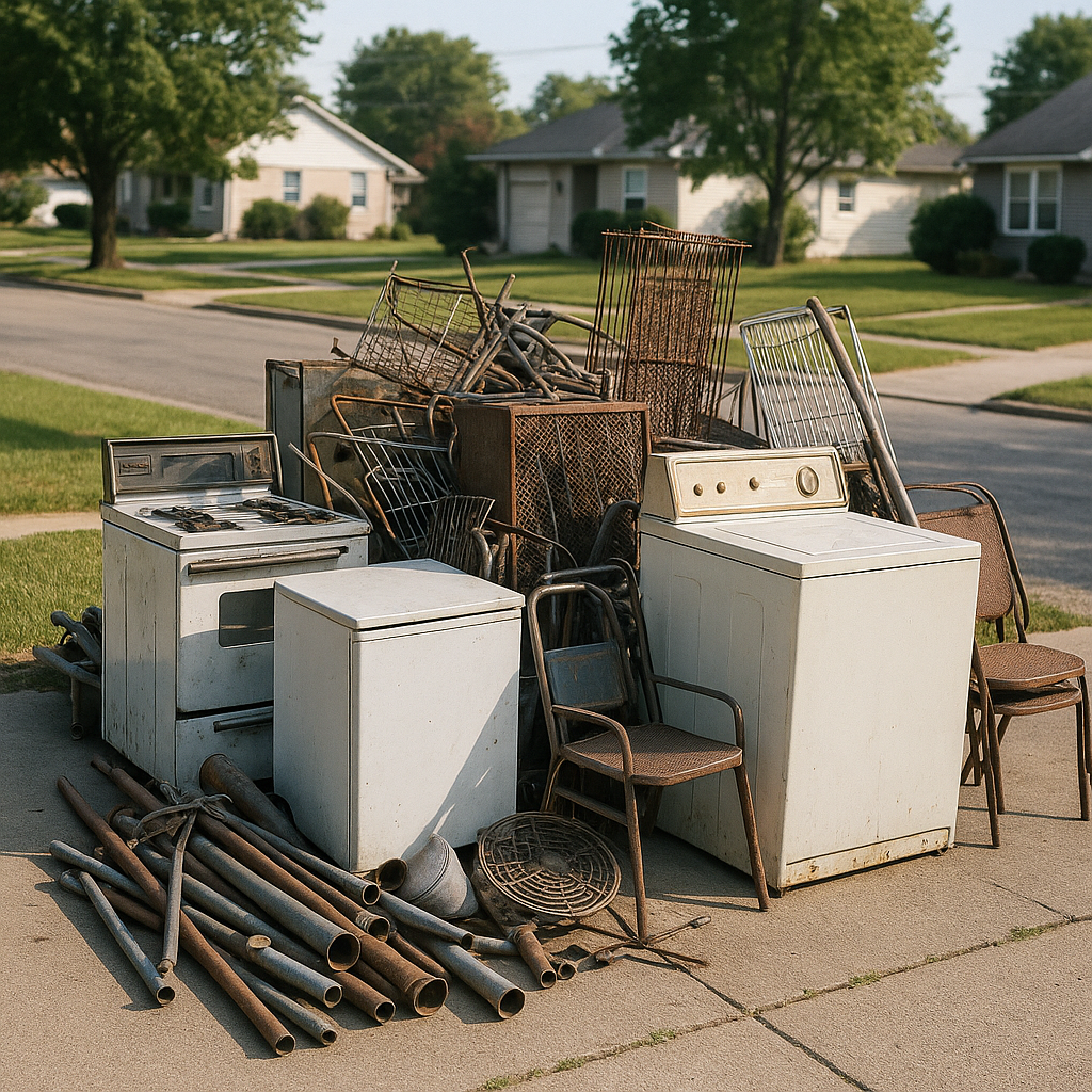 A variety of metal objects including old appliances, pipes, metal chairs, and scrap piled on a driveway, ready for pickup in clear daylight.