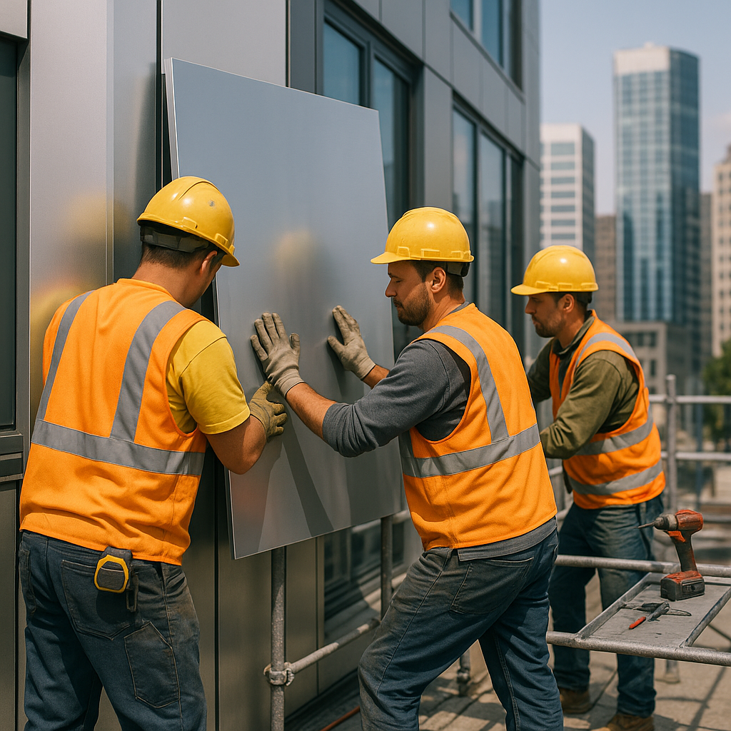Modern city skyline featuring buildings with sleek aluminum facades and construction workers installing panels under a clear daytime sky.