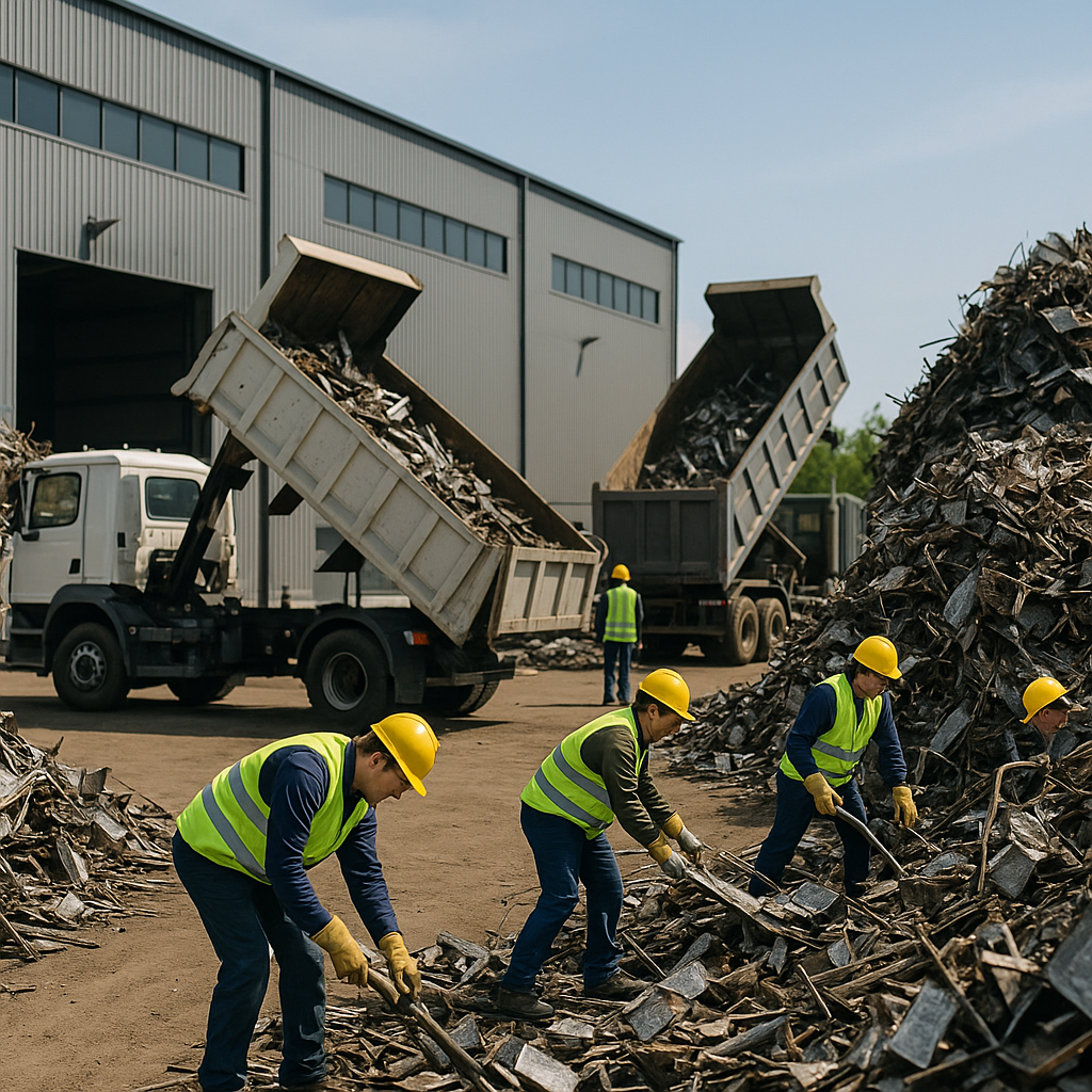 Exterior view of a modern scrap metal plant with trucks unloading metal and workers sorting materials under a clear sky.