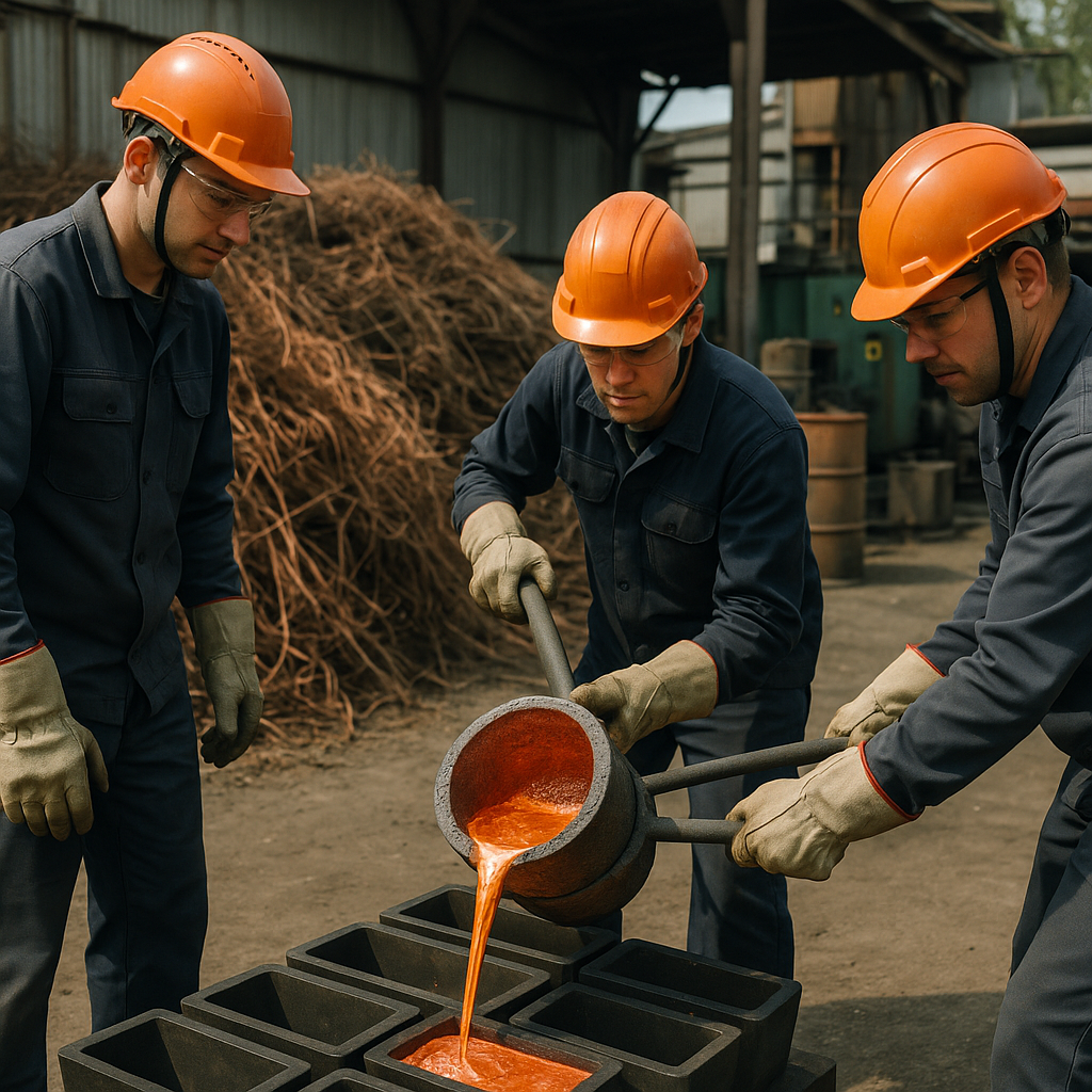 Workers pour molten copper in a recycling facility with piles of old copper wiring in the background.