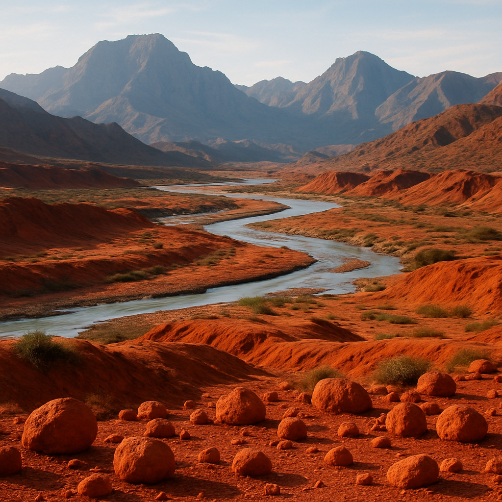Panoramic landscape featuring mountains, rivers, red earth, and scattered bauxite stones, symbolizing natural abundance.