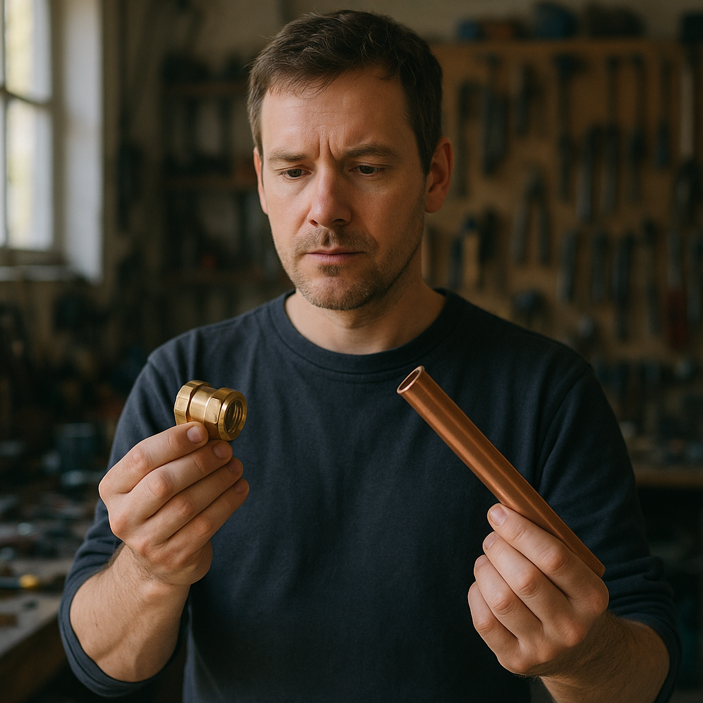 Person holding a brass fitting in one hand and a copper pipe in the other with a thoughtful expression in a workshop.