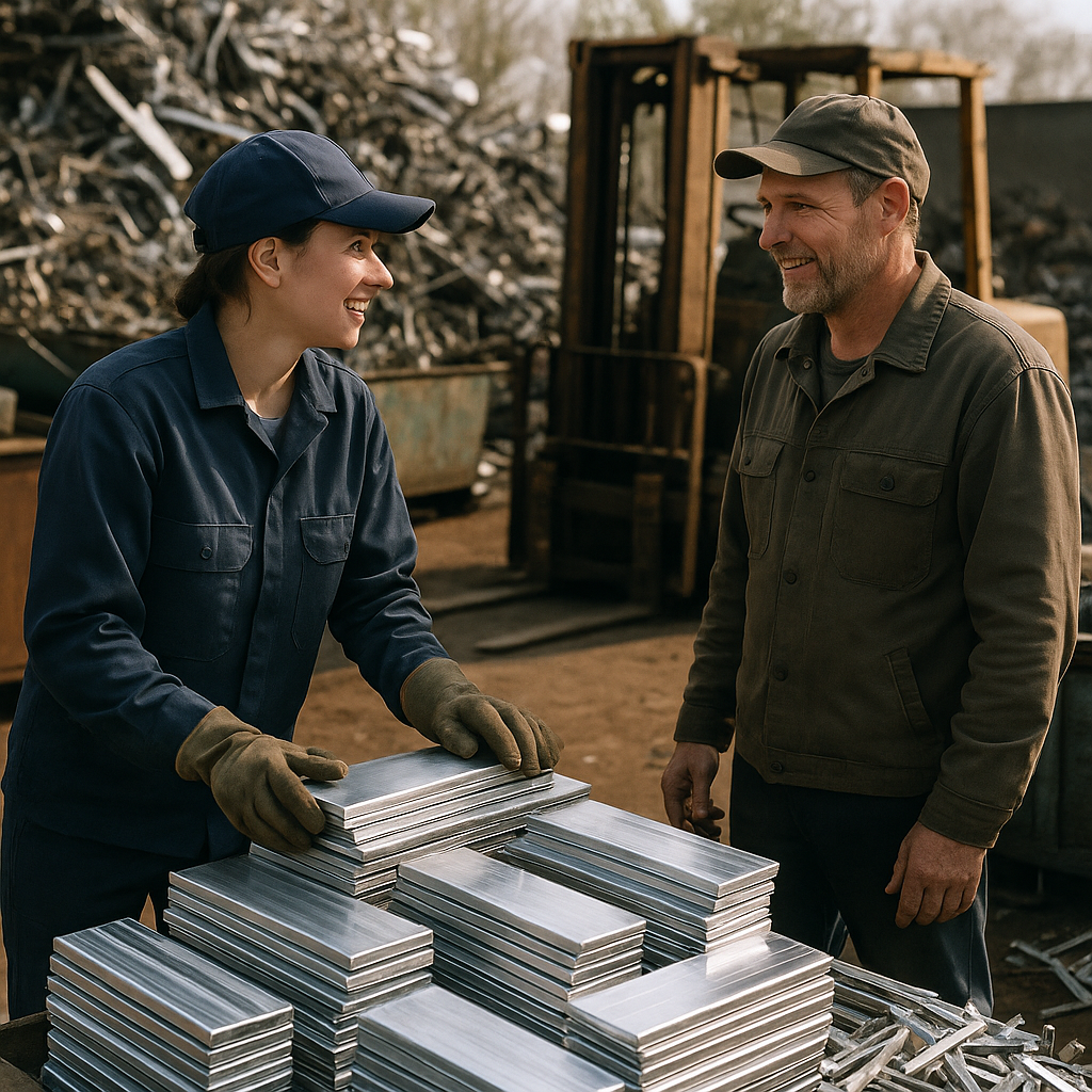 Cleaning and Stacking Aluminum Pieces at a Scrap Yard Person cleaning and stacking shiny aluminum pieces at a scrap yard while negotiating with a scrap dealer in work uniform.