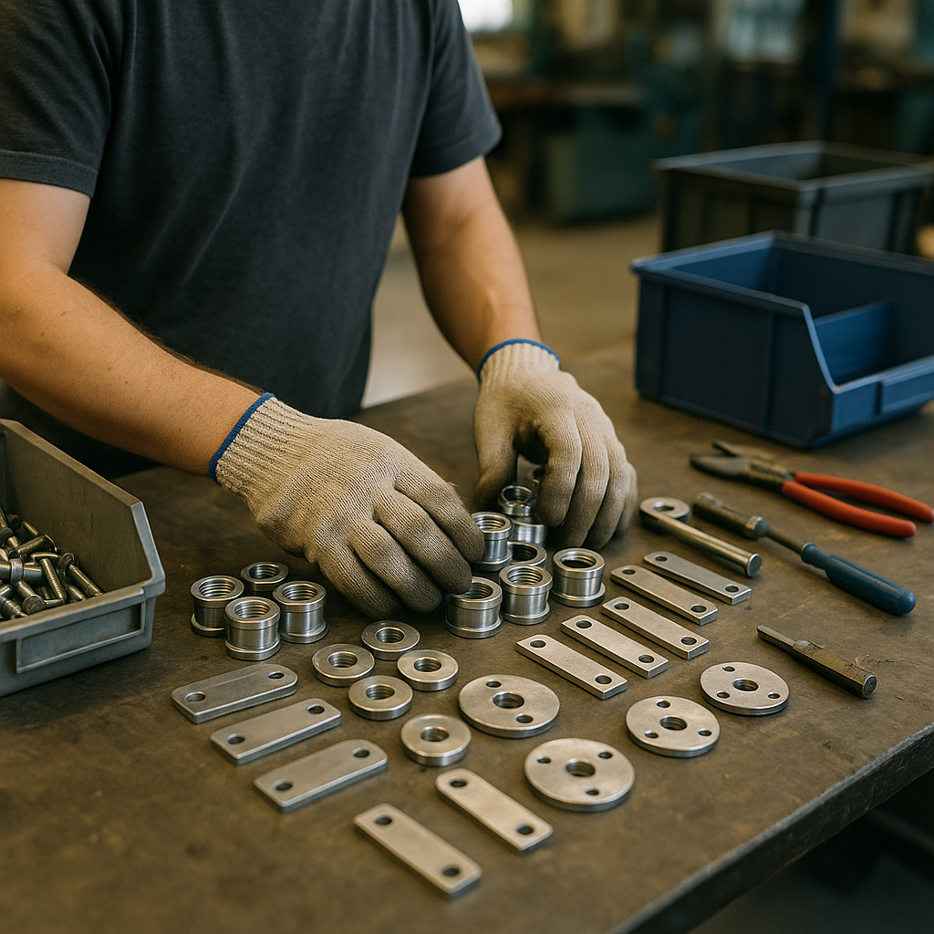 Person wearing gloves sorting clean, separated metal parts on a workbench for recycling in a well-lit workspace.