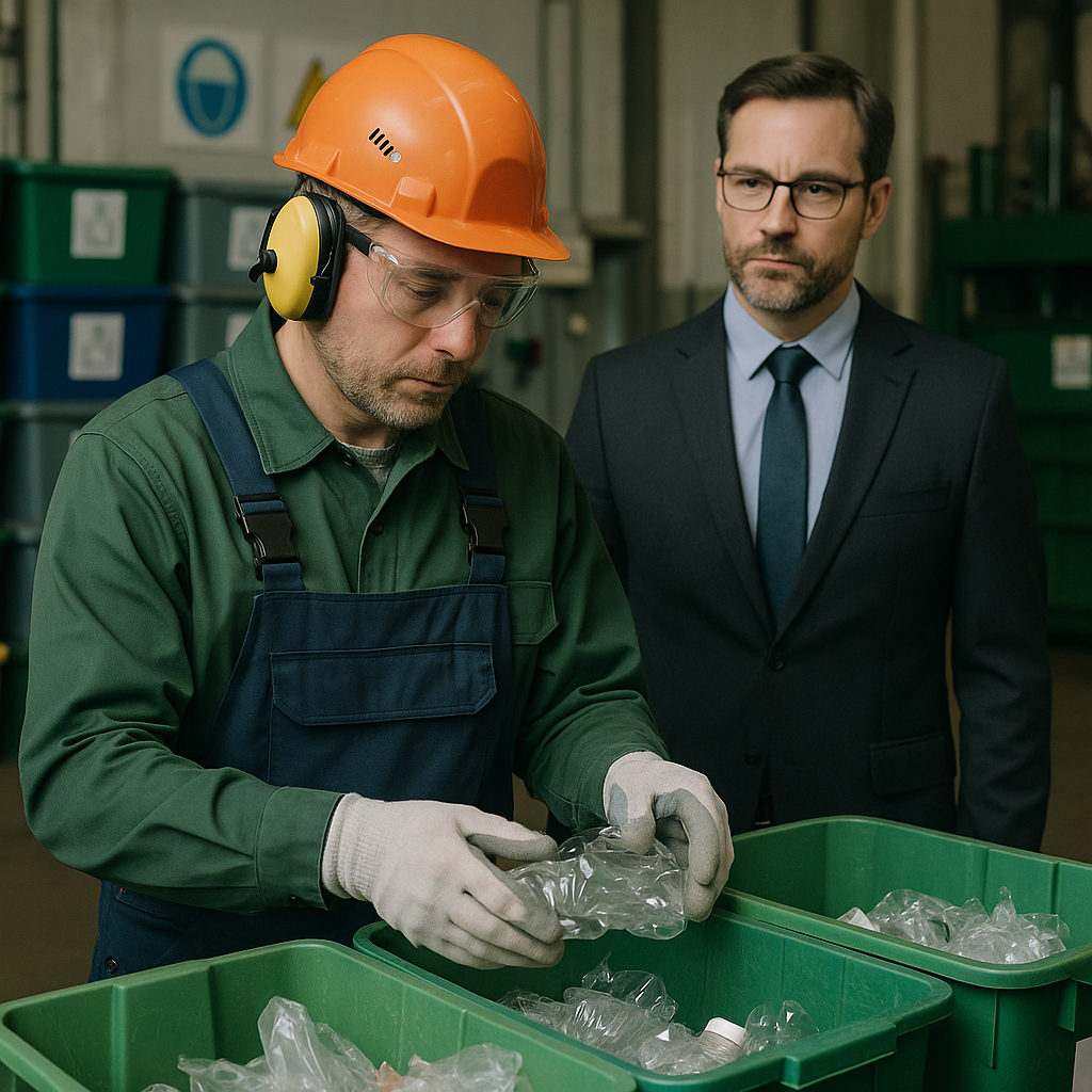 Recycler Inspecting Materials in Compliance Professional recycler in uniform inspecting materials with safety gear in a clean, organized facility while a company manager observes.