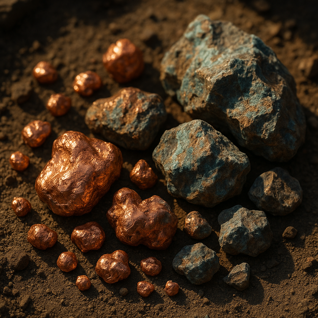 Close-up of raw copper nuggets and copper ore rocks on earthy ground under natural sunlight.