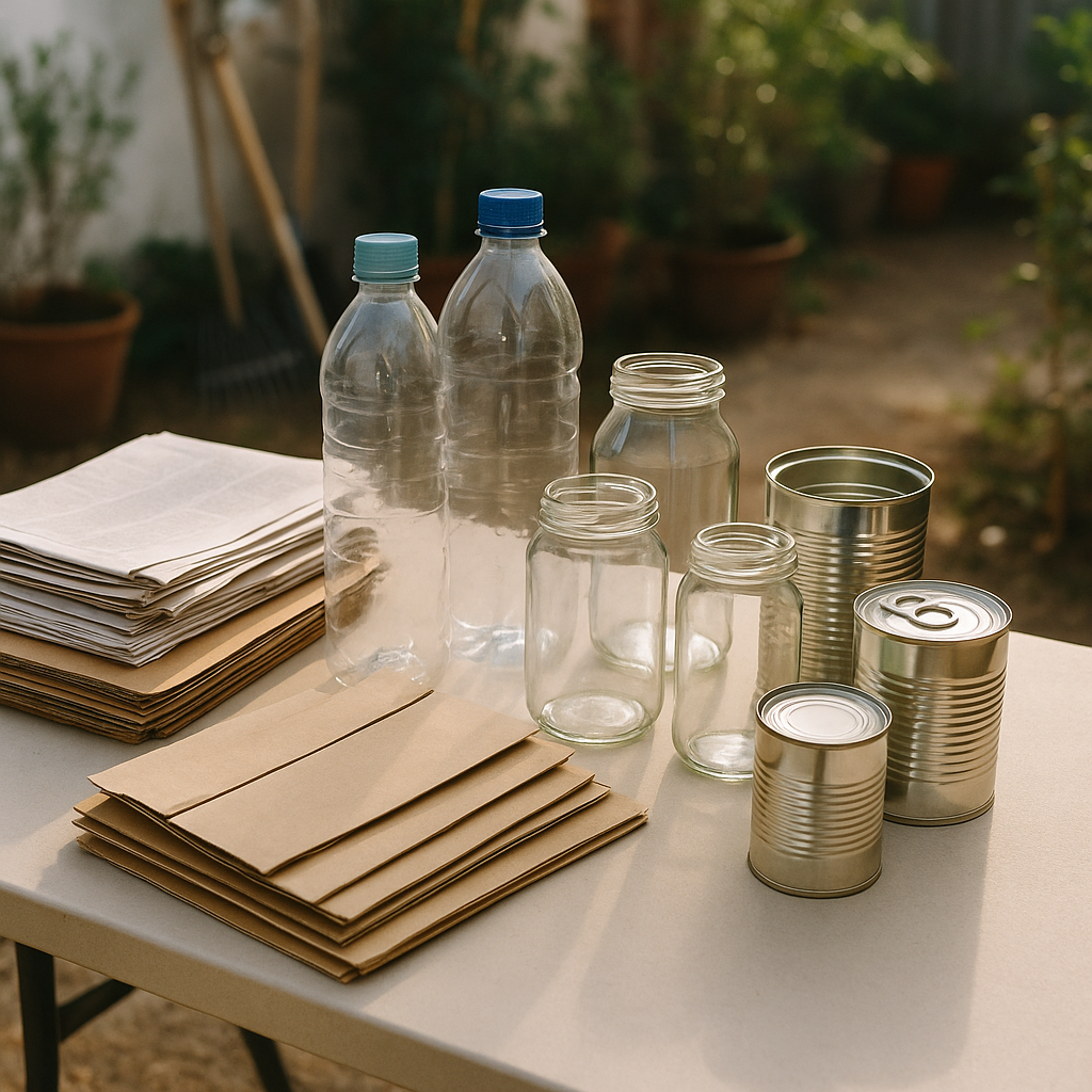 A variety of clean recyclable items sorted on a table including paper, plastic bottles, glass jars, metal cans, and cardboard, illuminated by bright natural lighting.