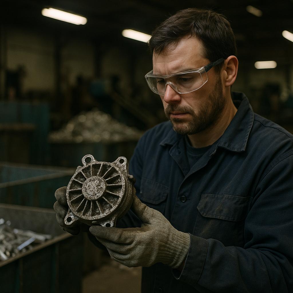 A worker inspecting corroded aluminum components at a recycling facility with somber lighting.