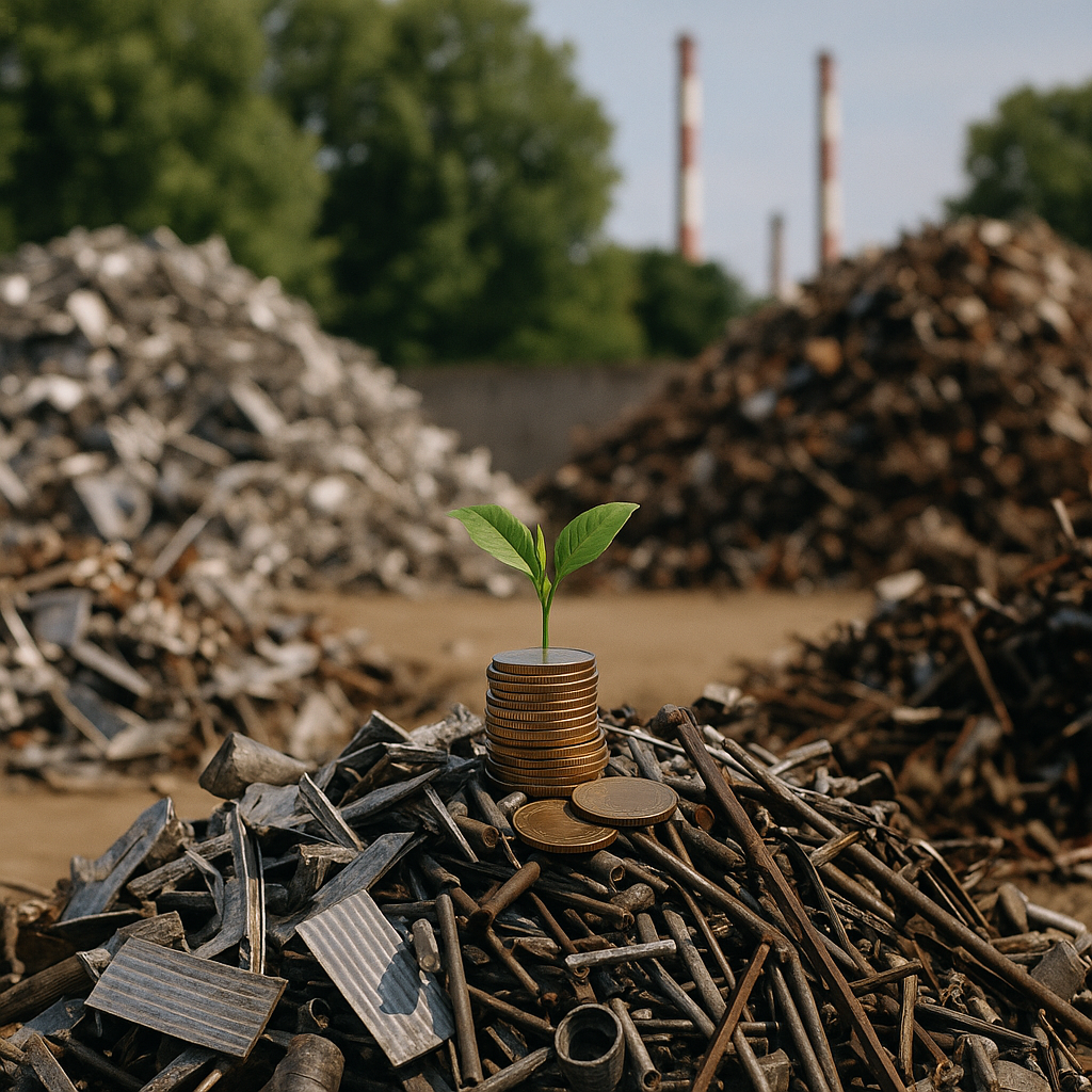 Recycling facility showcasing sorted metal piles with green trees in the background, factory chimneys under a clear sky, and coins with a plant sprouting from metal pieces in the foreground.