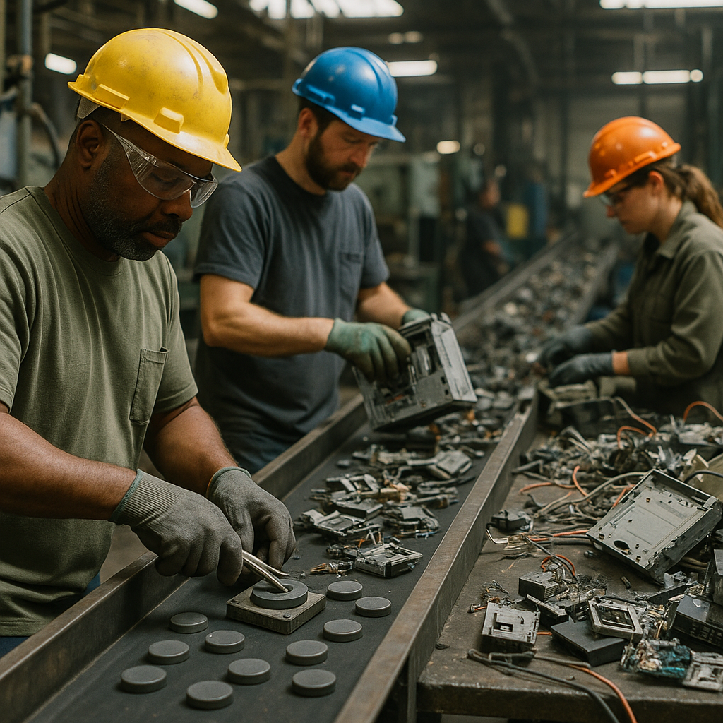 Workers dismantling discarded electronics and extracting magnets in a recycling plant with conveyor belts full of electronic parts.