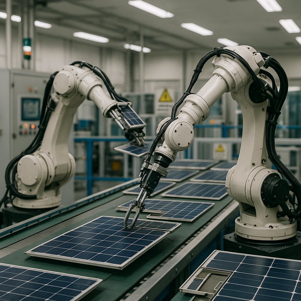 Robotic arms sorting and dismantling solar panels on an automated conveyor belt in a clean high-tech recycling plant.